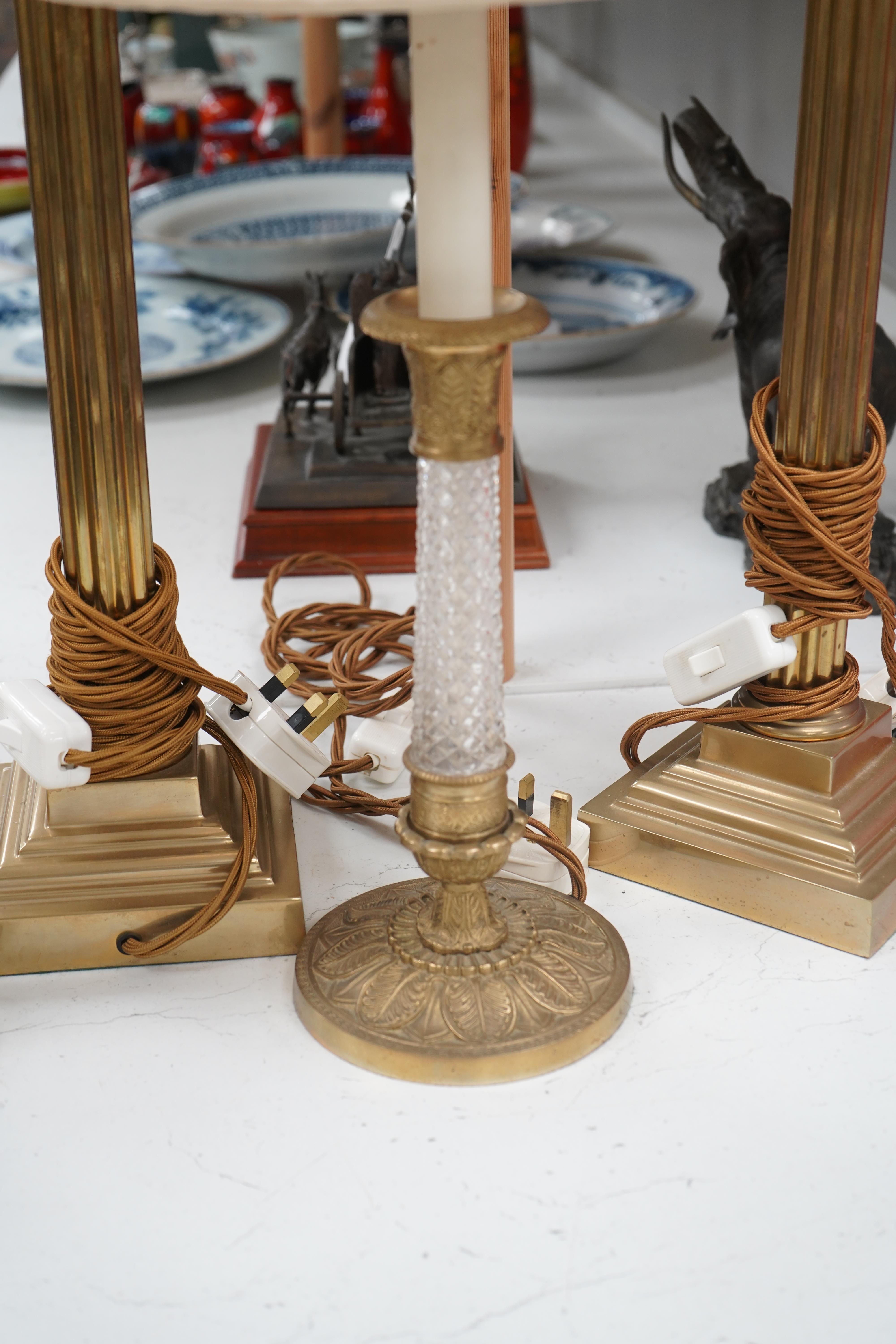 A pair of brass Corinthian column table lamps and another brass and glass pair, tallest 41.5cm. Condition - good, not tested